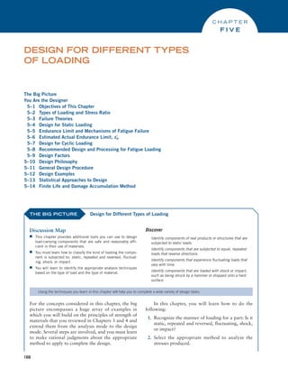 166
The Big Picture
You Are the Designer
5–1 Objectives of This Chapter
5–2 Types of Loading and Stress Ratio
5–3 Failure Theories
5–4 Design for Static Loading
5–5 Endurance Limit and Mechanisms of Fatigue Failure
5–6 Estimated Actual Endurance Limit, sn
=
5–7 Design for Cyclic Loading
5–8 Recommended Design and Processing for Fatigue Loading
5–9 Design Factors
5–10 Design Philosophy
5–11 General Design Procedure
5–12 Design Examples
5–13 Statistical Approaches to Design
5–14 Finite Life and Damage Accumulation Method
DESIGN FOR DIFFERENT TYPES
OF LOADING
C h a p t e r
F I V E
THE BIG PICTURE
Discussion Map
■
■ This chapter provides additional tools you can use to design
load-carrying components that are safe and reasonably effi-
cient in their use of materials.
■
■ You must learn how to classify the kind of loading the compo-
nent is subjected to: static, repeated and reversed, fluctuat-
ing, shock, or impact.
■
■ You will learn to identify the appropriate analysis techniques
based on the type of load and the type of material.
Discover
Identify components of real products or structures that are
subjected to static loads.
Identify components that are subjected to equal, repeated
loads that reverse directions.
Identify components that experience fluctuating loads that
vary with time.
Identify components that are loaded with shock or impact,
such as being struck by a hammer or dropped onto a hard
surface.
Design for Different Types of Loading
Using the techniques you learn in this chapter will help you to complete a wide variety of design tasks.
For the concepts considered in this chapter, the big
picture encompasses a huge array of examples in
which you will build on the principles of strength of
materials that you reviewed in Chapters 3 and 4 and
extend them from the analysis mode to the design
mode. Several steps are involved, and you must learn
to make rational judgments about the appropriate
method to apply to complete the design.
In this chapter, you will learn how to do the
following:
1. Recognize the manner of loading for a part: Is it
static, repeated and reversed, fluctuating, shock,
or impact?
2. Select the appropriate method to analyze the
stresses produced.
M05_MOTT1184_06_SE_C05.indd 166 3/16/17 6:12 PM
 