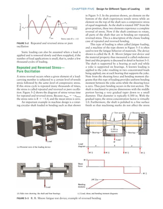 chapter FIVE Design for Different Types of Loading 169
Static loading can also be assumed when a load is
applied and is removed slowly and then reapplied, if the
number of load applications is small, that is, under a few
thousand cycles of loading.
Repeated and Reversed Stress—
Pure Oscillation
A stress reversal occurs when a given element of a load-
carrying member is subjected to a certain level of tensile
stress followed by the same level of compressive stress.
If this stress cycle is repeated many thousands of times,
the stress is called repeated and reversed or pure oscilla-
tion. Figure 5–2 shows the diagram of stress versus time
for repeated and reversed stress. Because smin = -smax,
the stress ratio is R = -1.0, and the mean stress is zero.
An important example in machine design is a rotat-
ing circular shaft loaded in bending such as that shown
in Figure 5–3. In the position shown, an element on the
bottom of the shaft experiences tensile stress while an
element on the top of the shaft sees a compressive stress
of equal magnitude. As the shaft is rotated 180° from the
given position, these two elements experience a complete
reversal of stress. Now if the shaft continues to rotate,
all parts of the shaft that are in bending see repeated,
reversed stress. This is a description of the classic loading
case of repeated and reversed bending.
This type of loading is often called fatigue loading,
and a machine of the type shown in Figure 5–3 is often
used to test the fatigue behavior of materials. The device
shown is called the R. R. Moore fatigue test device and
the material property thus measured is called endurance
limit and this property is discussed in detail in ­
Section 5–5.
The shaft is supported by a bearing at each end while
a yoke is supported on bearings. A known loading is
applied to the yoke resulting in two concentrated loads
being applied; one at each bearing that supports the yoke.
Note from the shearing force and bending moment dia-
grams that this type of loading provides uniform bending
moment between the yoke arms while the shearing force
is zero. Thus pure bending occurs in the test section. The
shaft is machined to precise dimensions with the middle
portion having a very gradual taper down to a small
diameter. That diameter is typically 0.300 in. With the
gradual taper, the stress concentration factor is virtually
1.0. Furthermore, the shaft is polished to a fine surface
finish so that machining marks do not affect the stress
FIGURE 5–2 Repeated and reversed stress or pure
oscillation
Stress ratio R = –1.0
Stress,
s
sm = 0
smax
smin
sa
Time
FIGURE 5–3 R. R. Moore fatigue test device; example of reversed bending
(a) Pictorial view of the loading device
Load
Load
(b) Side view showing the shaft and four bearings (c) Load, shear, and bending moment diagrams
Yoke
0.300 in
M05_MOTT1184_06_SE_C05.indd 169 3/16/17 6:12 PM
 