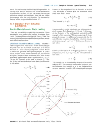 chapter FIVE Design for Different Types of Loading 173
mean and alternating stresses have been proposed. In
Section 5–4, we will introduce the failure theories for
static loading. Sections 5–5 and 5–6 present the concepts
of fatigue strength and endurance limit that are critical
in designing parts for cyclic loading. The theories for
fatigue failure are presented in Section 5–7.
5–4 
DESIGN FOR STATIC
LOADING
Ductile Materials under Static Loading
There are two widely accepted ductile material failure
theories for parts under static loading: Maximum Shear
Stress Theory and Distortion Energy Theory. These the-
ories predict failure due to yielding that produce perma-
nent, plastic deformation.
Maximum Shear Stress Theory (MSST). The MSST
of failure prediction states that a ductile material begins
to yield when the maximum shear stress at a critical
­
location in a load-carrying component exceeds that in
a tensile-test specimen when yielding begins. A Mohr’s
circle analysis for the uniaxial tension test, discussed in
Chapter 4, shows that the maximum shear stress is one-
half of the applied tensile stress. At yield, then, ssy = sy/2.
We use this approach in this book to estimate ssy. Then,
for design, the stress element at the location of interest
is safe when:
tmax …
ssy
N
=
sy
2N
(5–4)
where N is the design factor (to be discussed in Section
5–9). As shown in Section 4–4, the maximum shear
stress is the Tresca stress:
tmax =
s1 - s3
2
…
ssy
N
(5–5)
Thus, because ssy = sy/2,
s1 - s3 …
sy
N
(5–6)
where s1 and s3 are the maximum and minimum prin-
cipal stresses. Both Equations (5–5) and (5–6) evalu-
ate the diameter of the Mohr’s circle against the yield
strength of the material. When considering all three
principal stresses, two additional cases should also be
noted. For the condition that all of the principal stresses
are in tension, s1 7 s2 7 s3 7 0, the stress element is
safe when
s1 …
sy
N
(5–7)
For the condition that all of the principal stresses are in
compression, 0 7 s1 7 s2 7 s3, the stress element is
safe when
s3 Ú -
sy
N
(5–8)
This concept can be illustrated by the yield locus shown
in Figure 5–7. The numerical scales on the graph are nor-
malized to the yield strength, s1
/sy = 1.0. The materials
are even materials for which the values of yield strength
FIGURE 5–7 Maximum shear stress and distortion energy failure criteria
–1.2 –1.0 –0.80
(–0.577, 0.577)
(–0.50, 0.50)
–0.60 –0.40 –0.20
–0.20
0.20
0.40
0.60
0.80
1.0
1.2
–0.40
–0.60
–0.80
–1.0
–1.2
0.20
0 0.40 0.60 0.80 1.0 1.2
Distortion energy
Maximum shear stress
Shear diagonal
(s1
= s2
)
+s1 axis
+s2 axis
M05_MOTT1184_06_SE_C05.indd 173 3/16/17 6:12 PM
 