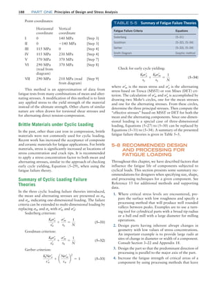 188	Part one Principles of Design and Stress Analysis
Point coordinates:
Horizontal
coordinate
Vertical
coordinate
I 0 140 MPa [Step 3]
II 0 -140 MPa [Step 3]
III 115 MPa 0 [Step 4]
IV 115 MPa 230 MPa [Step 4]
V 370 MPa 370 MPa [Step 7]
VI 290 MPa
(read from
­diagram)
370 MPa [Step 8]
VII 290 MPa 210 MPa (read
from diagram)
[Step 9]
This method is an approximation of data from
fatigue tests from many combinations of mean and alter-
nating stresses. A modification of this method is to limit
any applied stress to the yield strength of the material
instead of the ultimate strength. Other charts of similar
nature are often drawn for torsional shear stresses and
for alternating direct tension–compression.
Brittle Materials under Cyclic Loading
In the past, other than cast iron in compression, brittle
materials were not commonly used for cyclic loading.
Recent work has increased the acceptance of composite
and ceramic materials for fatigue applications. For brittle
materials, stress is significantly increased at locations of
stress concentration and crack tips. It is recommended
to apply a stress concentration factor to both mean and
alternating stresses, similar to the approach of checking
early cycle yielding, Equation (5–29), when using the
fatigue failure theory.
Summary of Cyclic Loading Failure
Theories
In the three cyclic loading failure theories introduced,
the mean and alternating stresses are presented as sm
and sa, indicating one-dimensional loading. The failure
criteria can be extended to multi-dimensional loading by
replacing sm and sa with sm
=
and sa
=
:
Soderberg criterion:
Ktsa
=
sn
= +
sm
=
sy
=
1
N
 (5–31)
Goodman criterion:
Ktsa
=
sn
= +
sm
=
su
=
1
N
 (5–32)
Gerber criterion:
KtNsa
=
sn
= + ¢
Nsm
=
su
≤
2
= 1 (5–33)
Check for early cycle yielding:
Ktsa
=
sy
+
Ktsm
=
sy
=
1
N
 (5–34)
where sm
=
is the mean stress and sa
=
is the alternating
stress based on Tresca (MSST) or von Mises (DET) cri-
terion. The calculation of sm
=
and sa
=
is accomplished by
drawing two Mohr’s circles, one for the mean stresses
and one for the alternating stresses. From these circles,
determine the three principal stresses. Then compute the
“effective stresses” based on MSST or DET for both the
mean and the alternating components. Since one-dimen-
sional loading is a special case of three-dimensional
loading, Equations (5–27) to (5–30) can be replaced by
Equations (5–31) to (5–34). A summary of the presented
fatigue failure theories is given in Table 5–5.
5–8 RECOMMENDED DESIGN
AND PROCESSING FOR
FATIGUE LOADING
Throughout this chapter, we have described factors that
influence the fatigue life of components subjected to
cyclical loads. This section presents some summary rec-
ommendations for designers when specifying size, shape,
and processing techniques for a given component. See
Reference 15 for additional methods and supporting
data.
1. Where critical stress levels are encountered, pre-
pare the surface with low roughness and specify a
processing method that will produce well rounded
valleys between peaks. Examples are to use a turn-
ing tool for cylindrical parts with a broad tip radius
or a ball end mill with a large diameter for milling
operations.
2. Design parts having inherent abrupt changes in
geometry with low values of stress concentrations.
An important example is to provide large radii at
sites of change in diameter or width of a component.
Consult Section 3–22 and Appendix 18.
3. Design the part so that the predominant direction of
processing is parallel to the major axis of the part.
4. Increase the fatigue strength of critical areas of a
component by using processing methods that leave
Fatigue Failure Criteria Equations
Soderberg (5–31)
Goodman (5–32), (5–34)
Gerber (5–33), (5–34)
Smith Diagram Graphic method
TABLE 5–5 Summary of Fatigue Failure Theories
M05_MOTT1184_06_SE_C05.indd 188 3/16/17 6:12 PM
 