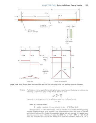 chapter FIVE Design for Different Types of Loading 197
Analysis The Goodman criterion applies for completing the design analysis because fluctuating normal stress due
to bending is experienced by the bar. Equation (5–32) will be used:
1
N
=
sm
su
+
Ktsa
sn
=
In general, the bending stress in the bar will be computed from the flexure formula:
s = M/S
where M = bending moment
S = section modulus of the cross section of the bar = th2
/6 (Appendix 1)
Our approach will be to first determine the values for both the mean and the alternating bending
moments experienced by the bar at its middle. Then the yield and endurance limit values for the steel
will be found. Reference 5 in Chapter 3 indicates that a small hole, with diameter d, in a plate-beam
does not weaken the beam if the ratio d/h is less than 0.50. That is, if d/h 6 0.50, Kt = 1.0. We will
make that assumption and check it later. Based on the application conditions, let’s use N = 4 as
FIGURE 5–18 Basic design of the horizontal bar and the load, shearing force, and bending moment diagrams
Section A–A
Cross section
of bar
0.50-in dia.
Hole for fixture pin
0.375-in dia.
Hole for carrier pin
12
155 lb
Fixture and engine block
Fixture only
155
0
0
1860
–155
155 lb
310 lb
24
12
42.5 lb
42.5
0
0
510
–42.5
42.5 lb
Shearing
force, V
(lb)
Bending
moment, M
(lb •in)
85 lb
24
30 in
24 in
A
t
A
12 in
3
h
M05_MOTT1184_06_SE_C05.indd 197 3/16/17 6:13 PM
 