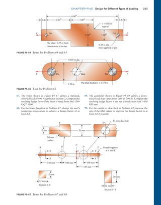chapter FIVE Design for Different Types of Loading 213
67. The beam shown in Figure P5–67 carries a repeated,
­
reversed load of 400 N applied at section C. Compute the
resulting design factor if the beam is made from SAE 1340
OQT 1300.
68. For the beam described in Problem 67, change the steel’s
tempering temperature to achieve a design factor of at
least 2.5.
69. The cantilever shown in Figure P5–69 carries a down-
ward load that varies from 300 to 700 lb. Compute the
resulting design factor if the bar is made from SAE 1050
HR steel.
70. For the cantilever described in Problem 69, increase the
size of the fillet radius to improve the design factor to at
least 3.0 if possible.
FIGURE P5–64 Beam for Problems 64 and 65
2.00©
6.00©
2.00©
2.00©
1.00©
r = 0.02 in
typical
0.25-in dia.
force applied to pin
F
F
Flat plate, 0.25 in thick
Dimensions in inches
0.38
0.38
Pin Pin
FIGURE P5–66 Link for Problem 66
0.625-in dia.
Pin Hole Pin
1.50 in
Flat plate thickness = 0.375 in
F F
FIGURE P5–67 Beam for Problems 67 and 68
14-mm-dia. hole
2.0-mm
radius
B D
X
X
Y
Y
A B
C
D E
F
F
Simple supports
at A and E
Section X–X
Section Y–Y
20 mm
12 mm
12 mm
12 mm 20 mm
150 mm 100 mm 100 mm
150 mm
12 mm
M05_MOTT1184_06_SE_C05.indd 213 3/16/17 6:13 PM
 