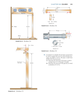 chapter SIX COLUMNS 239
40. A standard 2-in schedule 40 steel pipe is proposed to
be used to support the roof of a porch during reno-
vation. Its length is 13.0 ft. The pipe is made from
ASTM A501 structural steel.
(a) Determine the safe load on the pipe to achieve
a design factor of 3 if the pipe is straight.
(b) Determine the safe load if the pipe has an initial
crookedness of 1.25 in.
FIGURE P6–33 (Problem 33)
18.5 ft
Wall
Machine
Platform
Floor
FIGURE P6–37 (Problem 37)
5.0 in
10.50 ft
Steel tube
Load
4 * 4 * 1/2
FIGURE P6–38 (Problem 38)
2.50 in
F
40.0 in
F
A
A
1.50 in
0.40 in
Section A–A
FIGURE P6–39 (Problem 39)
20 mm
F
Hydraulic
cylinder
Piston rod
750 mm
A
A
Section A–A
Di
Do = 25 mm
15 mm
M06_MOTT1184_06_SE_C06.indd 239 3/10/17 3:53 PM
 
