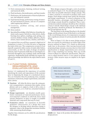 10 Part one Principles of Design and Stress Analysis
Most designs progress through a cycle of activities
as outlined in Figure 1–11. You should typically propose
more than one possible alternative design concept. This
is where creativity is exercised to produce truly novel
designs. Each design concept must satisfy the functions
and design requirements. A critical evaluation of the
desirable features, advantages, and disadvantages of
each design concept should be completed. Then a ratio-
nal decision analysis technique should use the evaluation
criteria to decide which design concept is the optimum
and, therefore, should be produced. See References 25
and 28 and Internet site 18.
The final block in the design flowchart is the detailed
design, and the primary focus of this book is on that part
of the overall design process. It is important to recognize
that a significant amount of activity precedes the detailed
design.
Note in Figure 1–11, that in many design projects
there are reasons for returning to an earlier stage of the
process outlined in Figure 1–11, based on discoveries
made later in the process. After moving forward with
proposing design concepts, you may discover that initial
specifications or design requirements were unreason-
able or that something was missing. Then you would
return to Phase I to adjust the specifications. This pro-
cess is called iteration and it is very typical in design
projects. Other iterative steps are implied in the figure
as well.
5. Oral communication, listening, technical writing,
and teamwork skills.
6. Fluid mechanics, thermodynamics, and heat transfer.
7. Fluid power, the fundamentals of electrical phenom-
ena, and industrial controls.
8. Experimental design, performance testing of materi-
als and mechanical systems, and use of computer-
aided engineering software.
9. Creativity, problem solving, and project
management.
10. Stress analysis.
11. Specialized knowledge of the behavior of machine ele-
ments such as gears, belt drives, chain drives, shafts,
bearings, keys, splines, couplings, seals, springs, con-
nections (bolted, riveted, welded, adhesive), electric
motors, linear motion devices, clutches, and brakes.
It is expected that you will have acquired a high level of
competence in items 1–5 in this list prior to beginning
the study of this text. The competencies in items 6–8 are
typically acquired in other courses of study either before,
concurrently, or after the study of design of machine
elements. Item 9 represents skills that are developed con-
tinuously throughout your academic study and through
experience. Studying this book will help you acquire sig-
nificant knowledge and skills for the topics listed in items
10 and 11.
1–4 FUNCTIONS, DESIGN
REQUIREMENTS, AND
EVALUATION CRITERIA
Section 1–2 emphasized the importance of carefully
identifying the needs and expectations of the customer
prior to beginning the design of a mechanical device.
You can formulate these by producing clear, complete
statements of functions, design requirements, and evalu-
ation criteria:
■
■ Functions tell what the device must do, using gen-
eral, nonquantitative statements that employ action
phrases such as to support a load, to lift a crate, to
transmit power, or to hold two structural members
together.
■
■ Design requirements are detailed, usually quan-
titative statements of expected performance levels,
environmental conditions in which the device must
operate, limitations on space or weight, or available
materials and components that may be used.
■
■ Evaluation criteria are statements of desirable
qualitative characteristics of a design that assist
the designer in deciding which alternative design is
­
optimum—that is, the design that maximizes benefits
while minimizing disadvantages.
Together these elements can be called the specifications
for the design.
FIGURE 1–11 Steps in the product development and
design process
Identify customer requirements
Define functions of the device Phase I
Define
Specifications
State design requirements
Define evaluation criteria
Develop several alternative
design concepts
Phase II
Create Design
Concepts
Evaluate each proposed alternative
Rate each alternative against
each evaluation criterion Phase III
Decision
Making
Select the optimum design concept
Complete detailed design
of the selected concept
Phase IV
Detailed Design
M01B_MOTT1184_06_SE_C01.indd 10 3/15/17 3:40 PM
 
