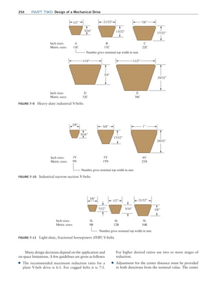 254 Part TWO Design of a Mechanical Drive
FIGURE 7–10 Industrial narrow-section V-belts
17/32”
5/16”
3/8”
5/8”
29/32”
1”
8V
25N
5V
15N
3V
9N
Number gives nominal top width in mm
Inch sizes:
Metric sizes:
FIGURE 7–9 Heavy-duty industrial V-belts
5/16”
1/2” 21/32”
13/32”
7/8”
17/32”
11/2”
11/4”
3/4”
29/32”
Inch sizes:
Metric sizes:
Inch sizes:
Metric sizes:
D
32C
A
13C
Number gives nominal top width in mm
B
17C
C
22C
E
38C
FIGURE 7–11 Light-duty, fractional horsepower (FHP) V-belts
Inch sizes:
Metric sizes:
3L
9R
4L
12R
Number gives nominal top width in mm
7/32” 5/16”
1/2”
3/8” 21/32”
3/8”
5L
16R
Many design decisions depend on the application and
on space limitations. A few guidelines are given as follows:
■
■ The recommended maximum reduction ratio for a
plain V-belt drive is 6:1. For cogged belts it is 7:1.
For higher desired ratios use two or more stages of
reduction.
■
■ Adjustment for the center distance must be provided
in both directions from the nominal value. The center
M07B_MOTT1184_06_SE_C07.indd 254 3/13/17 4:15 PM
 