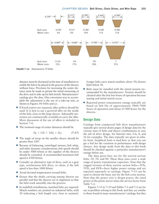 chapter SEVEN Belt Drives, Chain Drives, and Wire Rope 255
Longer belts carry match numbers above 50; shorter
belts below 50.
■
■ Belts must be installed with the initial tension rec-
ommended by the manufacturer. Tension should be
checked after the first few hours of operation because
seating and initial stretch occur.
■
■ Reported power transmission ratings typically are
based on belt life of approximately 5000–7000
hours of operation and about 25 000 hours for the
sheaves.
Design Data
Catalogs from commercial belt drive manufacturers
typically give several dozen pages of design data for the
various sizes of belts and sheave combinations to ease
the job of drive design. See Internet sites 3–6, 8, and
16 for examples. The data typically are given in tabu-
lar form. Graphical form is used here so that you can
get a feel for the variation in performance with design
choices. Any design made from the data in this book
should be checked against a particular manufacturer’s
ratings before use.
The data given here are for the narrow-section
belts: 3V, 5V, and 8V. These three sizes cover a wide
range of power transmission capacities. Note that the
cogged versions of these narrow section belts—3VX,
5VX, and 8VX—have higher power ratings and are
reported separately in catalogs. Figure 7–13 can be
used to choose the basic size for the belt cross section.
Note that the power axis is design power, the rated
power of the prime mover times the service factor from
Table 7–1.
Figures 7–13 to 7–19 and Tables 7–1 and 7–2 are for
use in problem solving in this book and they are similar
to those found in many manufacturers’ catalogs, but they
distance must be shortened at the time of installation to
enable the belt to be placed in the grooves of the sheaves
without force. Provision for increasing the center dis-
tance must be made to permit the initial tensioning of
the drive and to take up for belt stretch. Manufacturers’
catalogs give the data. One convenient way to accom-
plish the adjustment is the use of a take-up unit, as
shown in Figures 14–10(b) and (c).
■
■ If fixed centers are required, idler pulleys should be
used. It is best to use a grooved idler on the inside
of the belt, close to the large sheave. Adjustable ten-
sioners are commercially available to carry the idler.
More discussion of the use of idlers is included in
Section 7–6.
■
■ The nominal range of center distances should be
D2 6 CD 6 3(D2 + D1)(7–17)
■
■ The angle of wrap on the smaller sheave should be
greater than 120°.
■
■ Because of balancing, centrifugal stresses, belt whip,
and other dynamic considerations, belt speeds should
be under 5000 ft/min or the supplier of the sheaves
should be consulted. A recommended maximum belt
speed is 6500 ft/min.
■
■ Consider an alternative type of drive, such as a gear
type, synchronous belt drive, or chain, if the belt
speed is less than 1000 ft/min.
■
■ Avoid elevated temperatures around belts.
■
■ Ensure that the shafts carrying mating sheaves are
parallel and that the sheaves are in alignment so that
the belts track smoothly into the grooves.
■
■ In multibelt installations, matched belts are required.
Match numbers are printed on industrial belts, with
50 indicating a belt length very close to nominal.
FIGURE 7–12 Automotive V-belts
0.600– 0.660–
0.315–
0.250–
0.380– 0.440– 0.500–
0.790– 0.910–
Inch sizes:
Metric sizes:
Inch sizes:
Metric sizes:
0.250
6A
0.315
8A
0.380
10A
0.440
11A
0.500
13A
11/16
15A
3/4
17A
7/8
20A
1
23A
M07B_MOTT1184_06_SE_C07.indd 255 3/13/17 4:15 PM
 