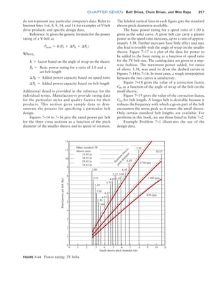 chapter SEVEN Belt Drives, Chain Drives, and Wire Rope 257
The labeled vertical lines in each figure give the standard
sheave pitch diameters available.
The basic power rating for a speed ratio of 1.00 is
given as the solid curve. A given belt can carry a greater
power as the speed ratio increases, up to a ratio of approx-
imately 3.38. Further increases have little effect and may
also lead to trouble with the angle of wrap on the smaller
sheave. Figure 7–17 is a plot of the data for power to
be added to the basic rating as a function of speed ratio
for the 5V belt size. The catalog data are given in a step-
wise fashion. The maximum power added, for ratios
of above 3.38, was used to draw the dashed curves in
Figures 7–14 to 7–16. In most cases, a rough interpolation
between the two curves is satisfactory.
Figure 7–18 gives the value of a correction factor,
Cu, as a function of the angle of wrap of the belt on the
small sheave.
Figure 7–19 gives the value of the correction factor,
CL, for belt length. A longer belt is desirable because it
reduces the frequency with which a given part of the belt
encounters the stress peak as it enters the small sheave.
Only certain standard belt lengths are available. For
problems in this book, we use those listed in Table 7–2.
Example Problem 7–1 illustrates the use of the
design data.
do not represent any particular company’s data. Refer to
Internet Sites 3–6, 8, 9, 14, and 16 for examples of V-belt
drive products and specific design data.
Reference 3c gives the generic formula for the power
rating of a V-belt as
Pnom = K(Pb + ∆PR + ∆PL)
Where,
K = factor based on the angle of wrap on the sheave
Pb = 
Basic power rating for a ratio of 1.0 and a
set belt length
∆PR = Added power capacity based on speed ratio
∆PL = Added power capacity based on belt length
Additional detail is provided in the reference for the
individual terms. Manufacturers provide rating data
for the particular styles and quality factors for their
products. This section gives sample data to dem-
onstrate the process for specifying a particular belt
design.
Figures 7–14 to 7–16 give the rated power per belt
for the three cross sections as a function of the pitch
diameter of the smaller sheave and its speed of rotation.
FIGURE 7–14 Power rating: 3V belts
12
Rated
power
per
belt
(hp)
Small sheave pitch diameter (in)
Other standard 3V
S
t
a
n
d
a
r
d
s
h
e
a
v
e
,
p
i
t
c
h
d
i
a
m
e
t
e
r
sheave sizes:
13.95 in
18.95 in
24.95 in
33.45 in
2.60
2.75
2.95
3.10
3.30
3.60
4.07
4.45
4.70
4.95 5.55
5.25 5.95
6.45
6.85
7.95
10.55
1750 rpm
1160 rpm
870 rpm
11
11
10
10
9
9
8
8
7
7
6
6
5
5
4
4
3
3
2
2
1
1
0
0
M07B_MOTT1184_06_SE_C07.indd 257 3/13/17 4:15 PM
 