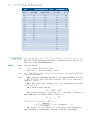 260 Part TWO Design of a Mechanical Drive
3V only 3V and 5V 3V, 5V, and 8V 5V and 8V 8V only
25 50 100 150 375
26.5 53 106 160 400
28 56 112 170 425
30 60 118 180 450
31.5 63 125 190 475
33.5 67 132 200 500
35.5 71 140 212
37.5 75 224
40 80 236
42.5 85 250
45 90 265
47.5 95 280
300
165 315
335
355
TABLE 7–2 Standard Belt Lengths for 3V, 5V, and 8V Belts (in)
Example Problem
7–2
Design a V-belt drive that has the input sheave on the shaft of an electric motor (normal torque) rated
at 50.0 hp at 1160-rpm, full-load speed. The drive is to a bucket elevator in a potash plant that is to be
used 12 hours (h) daily at approximately 675 rpm.
Solution Objective Design the V-belt drive.
Given Power transmitted = 50 hp to bucket elevator
Speed of motor = 1160 rpm; output speed = 675 rpm
Analysis Use the design data presented in this section. The solution procedure is developed within the Results
section of the problem solution.
Results Step 1. Compute the design power. From Table 7–1, for a normal torque electric motor run-
ning 12 h daily driving a bucket elevator, the service factor is 1.30. Then the design power is
1.30(50.0 hp) = 65.0 hp.
Step 2. Select the belt section. From Figure 7–13, a 5V belt is recommended for 70.0 hp at
1160-rpm input speed.
Step 3. Compute the nominal speed ratio:
Ratio = 1160/675 = 1.72
Step 4. Compute the driving sheave size that would produce a belt speed of vb = 4000 ft/min, as
a guide to selecting a standard sheave, adapted from Equation (7–2):
Belt speed = vb =
D1n1
2
Then the required diameter to give vb = 4000 ft/min is
D1 =
2vb
n1
=
2(4000 ft/min)
1160 rev/min
* (12 in/ft)(1 rev/(2p rad) = 13.17 in
Step 5. Select trial sizes for the input sheave, and compute the desired size of the output sheave.
Select a standard size for the output sheave, and compute the actual ratio and output speed.
M07B_MOTT1184_06_SE_C07.indd 260 3/13/17 4:15 PM
 