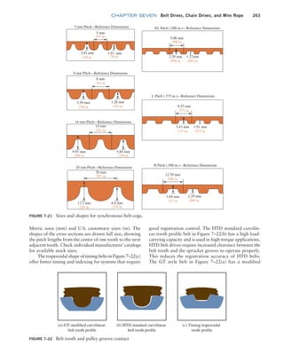 chapter SEVEN Belt Drives, Chain Drives, and Wire Rope 263
good registration control. The HTD standard curvilin-
ear tooth profile belt in Figure 7–22(b) has a high load-
carrying capacity and is used in high-torque applications.
HTD belt drives require increased clearance between the
belt tooth and the sprocket groove to operate properly.
This reduces the registration accuracy of HTD belts.
The GT style belt in Figure 7–22(a) has a modified
Metric sizes (mm) and U.S. customary sizes (in). The
shapes of the cross sections are drawn full size, showing
the pitch lengths from the center of one tooth to the next
adjacent tooth. Check individual manufactures’ catalogs
for available stock sizes.
The trapezoidal shape of timing belts in Figure 7–22(c)
offer better timing and indexing for systems that require
Figure 7–21 Sizes and shapes for synchronous belt-cogs.
5 mm Pitch—Reference Dimensions XL Pitch (.200 in.)—Reference Dimensions
5.08 mm
.200 in.
.090 in.
2.29 mm
.050 in.
1.27mm
.220 in.
5.59 mm
.129 in.
3.28 mm
.552 in.
14 mm
.390 in.
9.91 mm
.230 in.
5.84 mm
.787 in.
20 mm
.500 in.
12.70 mm
.155 in.
3.94 mm
.090 in.
2.29 mm
.135 in.
3.43 mm
.075 in.
1.91 mm
.375 in.
9.53 mm
.330 in.
8.4 mm
.520 in.
13.2 mm
.315 in.
8 mm
8 mm Pitch—Reference Dimensions
14 mm Pitch—Reference Dimensions
20 mm Pitch—Reference Dimensions
H Pitch (.500 in.)—Reference Dimensions
L Pitch (.375 in.)—Reference Dimensions
5 mm
3.81 mm 1.93 mm
.197 in.
.150 in. .76 in.
Figure 7–22 Belt tooth and pulley groove contact
(a) GT-modified curvilinear
belt tooth profile
(b) HTD standard curvilinear
belt tooth profile
(c) Timing trapezoidal
tooth profile
M07B_MOTT1184_06_SE_C07.indd 263 3/13/17 4:15 PM
 