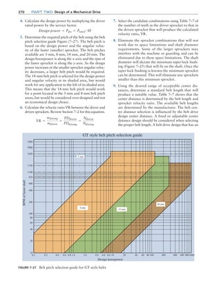 270 Part TWO Design of a Mechanical Drive
7. Select the candidate combinations using Table 7–7 of
the number of teeth in the driver sprocket to that in
the driven sprocket that will produce the calculated
velocity ratio, VR.
8. Eliminate the sprocket combinations that will not
work due to space limitations and shaft diameter
requirements. Some of the larger sprockets may
interfere with the machine or guarding and can be
eliminated due to these space limitations. The shaft
diameter will dictate the minimum taper-lock bush-
ing (Figure 7–25) that will fit on the shaft. Once the
taper-lock bushing is known the minimum sprocket
can be determined. This will eliminate any sprockets
smaller than this minimum sprocket.
9. Using the desired range of acceptable center dis-
tances, determine a standard belt length that will
produce a suitable value. Table 7–7 shows that the
center distance is determined by the belt length and
sprocket velocity ratio. The available belt lengths
are determined by the manufacturer. The belt cen-
ter distance selection is influenced by the belt drive
design center distance. A fixed or adjustable center
distance design should be considered when selecting
the proper belt length. A belt drive design that has an
4. Calculate the design power by multiplying the driver
rated power by the service factor.
Design power = Pdes = Prated
# SF
5. Determine the required pitch of the belt using the belt
pitch selection guide Figure (7–27). The belt pitch is
based on the design power and the angular veloc-
ity of the faster (smaller) sprocket. The belt pitches
available are 5 mm, 8 mm, 14 mm, and 20 mm. The
design horsepower is along the x-axis and the rpm of
the faster sprocket is along the y-axis. As the design
power increases or the smaller sprocket angular veloc-
ity decreases, a larger belt pitch would be required.
The 14-mm belt pitch is selected for the design power
and angular velocity in its shaded area, but would
work for any application to the left of its shaded area.
This means that the 14-mm belt pitch would work
for a point located in the 5-mm and 8-mm belt pitch
areas, but would be considered over-designed and not
an economical design choice.
6. Calculate the velocity ratio VR between the driver and
driven sprockets. Review Section 7–2 for this equation.
VR =
vdriving
vdriven
=
PDdriven
PDdriving
=
Ndriven
Ndriving
Figure 7–27 Belt pitch selection guide for GT style belts
Design horsepower
RPM
of
faster
shaft
GT style belt pitch selection guide
0.1
10
20
40
60
80
100
200
400
600
870
1160
1750
8 mm
14 mm
20 mm
3450
5000
7000
0.2 0.4 0.6 0.8 1.0 2.0 4.0 6.0 8.0 10 20 40 60 80 100 200 400 600 8001000
5 mm
M07B_MOTT1184_06_SE_C07.indd 270 4/26/17 5:53 PM
 