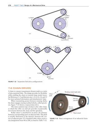 278 Part TWO Design of a Mechanical Drive
Figure 7–32 Serpentine belt drive configurations
(a)
(b)
Belt
tensioner
Belt
tensioner
n1(input)
n2 n3 n4 n5 n6
n3(idler)
n2(output)
1 2
3
4
2 3 4 5 6
1
n4(tensioner)
n1(input)
7–6 CHAIN DRIVES
A chain is a power transmission element made as a series
of pin-connected links. The design provides for flexibility
while enabling the chain to transmit large tensile forces.
See References 1–3 and Internet sites 1, 4, 6–12, 14, and 15
for more technical information and manufacturers’ data.
When transmitting power between rotating shafts,
the chain engages mating toothed wheels, called sprock-
ets. Figure 7–33 shows a typical chain drive.
The most common type of chain is the roller chain,
in which the roller on each pin provides exceptionally
low friction between the chain and the sprockets.
Roller chain is classified by its pitch, the distance
between corresponding parts of adjacent links. The pitch
is usually illustrated as the distance between the cen-
ters of adjacent pins. U.S. Standard roller chain carries a
size designation from 40 to 240, as listed in Table 7–11.
Figure 7–33 Basic arrangement of an industrial chain
drive
Working strand (tight side)
Slack strand
Driving
sprocket
Driven
sprocket
Chain
pitch
M07B_MOTT1184_06_SE_C07.indd 278 3/13/17 4:15 PM
 
