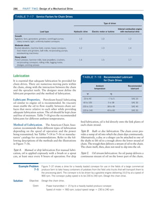 286 Part TWO Design of a Mechanical Drive
Type of driver
Load type Hydraulic drive Electric motor or turbine
Internal combustion engine
with mechanical drive
Smooth
Agitators; fans; generators; grinders; centrifugal pumps;
rotary screens; light, uniformly loaded conveyors
1.0 1.0 1.2
Moderate shock
Bucket elevators; machine tools; cranes; heavy conveyors;
food mixers and grinders; ball mills; reciprocating pumps;
woodworking machinery
1.2 1.3 1.4
Heavy shock
Punch presses; hammer mills; boat propellers; crushers;
reciprocating conveyors; rolling mills; logging hoists;
dredges; printing presses
1.4 1.5 1.7
TABLE 7–17 Service Factors for Chain Drives
Lubrication
It is essential that adequate lubrication be provided for
chain drives. There are numerous moving parts within
the chain, along with the interaction between the chain
and the sprocket teeth. The designer must define the
lubricant properties and the method of lubrication.
Lubricant Properties. Petroleum-based lubricating
oil similar to engine oil is recommended. Its viscosity
must enable the oil to flow readily between chain sur-
faces that move relative to each other while providing
adequate lubrication action. The oil should be kept clean
and free of moisture. Table 7–18 gives the recommended
lubricants for different ambient temperatures.
Method of Lubrication. The American Chain Asso-
ciation recommends three different types of lubrication
depending on the speed of operation and the power
being transmitted. See Tables 7–14 to 7–16 or manufac-
turers’ catalogs for recommendations. Refer to the fol-
lowing descriptions of the methods and the illustrations
in Figure 7–36.
Type A. Manual or drip lubrication: For manual lubri-
cation, oil is applied copiously with a brush or a spout
can, at least once every 8 hours of operation. For drip
feed lubrication, oil is fed directly onto the link plates of
each chain strand.
Type B. Bath or disc lubrication: The chain cover pro-
vides a sump of oil into which the chain dips continuously.
Alternatively, a disc or a slinger can be attached to one of
the shafts to lift oil to a trough above the lower strand of
chain. The trough then delivers a stream of oil to the chain.
The chain itself, then, does not need to dip into the oil.
Type C. Oil stream lubrication: An oil pump delivers a
continuous stream of oil on the lower part of the chain.
Ambient
temperature
Recommended
lubricant
°F °C
20 to 40 -7 to 5 SAE 20
40 to 100 5 to 38 SAE 30
100 to 120 38 to 49 SAE 40
120 to 140 49 to 60 SAE 50
TABLE 7–18 Recommended Lubricant
for Chain Drives
Example Problem
7–5
Figure 7–37 shows a drive for a heavily loaded conveyor for use in the fields of a large commercial
produce farm to take heavy containers of potatoes from the field onto trucks that will transport them to
the processing plant. The conveyor is to be driven by a gasoline engine delivering 15.0 hp at a speed of
900 rpm. The conveyor pulley speed is to be 230 to 240 rpm. Design the chain drive.
Solution Objective Design the chain drive.
Given Power transmitted = 15 hp to a heavily loaded produce conveyor
Speed of motor = 900 rpm; output speed range = 230 to 240 rpm
M07B_MOTT1184_06_SE_C07.indd 286 3/13/17 4:15 PM
 