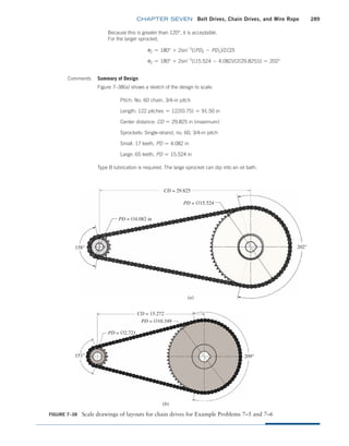 chapter SEVEN Belt Drives, Chain Drives, and Wire Rope 289
Figure 7–38 Scale drawings of layouts for chain drives for Example Problems 7–5 and 7–6
PD = ¤15.524
PD = ¤4.082 in
158° 202°
CD = 29.825
(a)
PD = ¤10.349
PD = ¤2.721
151° 209°
(b)
CD = 15.272
Comments Summary of Design
Figure 7–38(a) shows a sketch of the design to scale.
Pitch: No. 60 chain, 3/4-in pitch
Length: 122 pitches = 122(0.75) = 91.50 in
Center distance: CD = 29.825 in (maximum)
Sprockets: Single-strand, no. 60, 3/4-in pitch
Small: 17 teeth, PD = 4.082 in
Large: 65 teeth, PD = 15.524 in
Type B lubrication is required. The large sprocket can dip into an oil bath.
Because this is greater than 120°, it is acceptable.
For the larger sprocket,
u2 = 180° + 2sin-1
[(PD2 - PD1)/2CD]
u2 = 180° + 2sin-1
[(15.524 - 4.082)/(2(29.825))] = 202°
M07B_MOTT1184_06_SE_C07.indd 289 3/13/17 4:15 PM
 