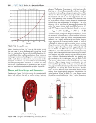 296 Part TWO Design of a Mechanical Drive
shows the effects of the D/d ratio on the service life of
the wire rope. A larger D/d ratio will extend the life of
the wire rope and the sheave and should be based on the
practical limit of the machine application, along with cost
and weight limitations. Bending a wire rope over a sheave
with a small diameter will result in excessive wear in the
wire rope and sheave. This is caused by excessive bending
and straightening of the wire rope as it enters and exits
the sheave. Reverse bending of the wire rope will acceler-
ate wire rope fatigue and should be avoided if possible.
Sheave and Drum Design and Dimensions
As shown in Figure 7–49(a) a typical sheave design will
have a hub and bore that will be used to mount a bearing
element. The bearing element can be a ball bearing, roller
bearing, or a bronze bushing and is selected based on
rotational speed, loading, and operating conditions of the
sheave. The sheave has a groove designed in the rim that
the wire rope will ride in. The web supports this rim and
may have lightening holes in order to decrease the iner-
tia of the sheave. Figure 7–49(b) shows the dimensional
specifications and terminology of the sheave. The tread
diameter (D) is based on the suggested minimum D/d
ratio. The sheave throat angle should be between 35°
and 45°. The groove depth of a sheave should be between
hmin = 1.50 * d and hmax = 1.75 * d (7–23)
The throat angle, along with the groove depth (h), allows
the wire rope to enter and exit the sheave with minimum
wear on the wire rope and sheave. The proper groove
radius (r) of a sheave will give the maximum support
to the wire rope. If the groove radius is tight or small, it
will pinch the wire rope and increase the groove pressure
along this contact point. If the groove radius is oversized,
the wire rope will not be properly supported and will
tend to flatten out. This will cause the wire rope to be
unbalanced and will lead to wire rope crushing and early
fatigue. The correct groove radius and angle of contact
will improve wire rope support and maximize the wire
rope’s lifespan. The groove radius for new sheaves and
sheaves that are in operation are given in Table 7–23.
The groove radius is shown for the different wire rope
diameters. A groove gage is used to measure the size and
contour of the groove for both new and used sheaves.
The gage should make an angle of contact of 150° with
the groove and verify the radius. Scheduled mainte-
nance includes periodic inspections of the sheave groove
radius. If the groove radius measures smaller than the
value listed as “Worn” in Table 7–23, the sheave groove
should be re-machined to the “New” radius dimension.
FIGURE 7–48 Service life curve
0
0
10
20
30
40
50
60
70
80
90
100
10 20 40 50 60
30
Service life curve for various D/d ratios
D/d ratio
Relative
rope
service
life
FIGURE 7–49 Design of a roller bearing wire rope sheave
(a) Sheave with roller bearing (b) Sheave dimensional specifications
Tread
diameter
h
¤d
r
Rim
diameter
Pitch
diameter
Throat
angle
M07B_MOTT1184_06_SE_C07.indd 296 3/13/17 4:15 PM
 