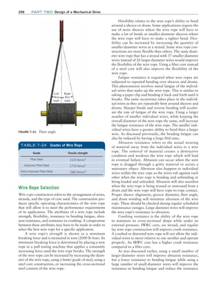298 Part TWO Design of a Mechanical Drive
Wire Rope Selection
Wire rope construction refers to the arrangement of wires,
strands, and the type of core used. The construction pro-
duces specific operating characteristics of the wire rope
that will allow it to meet the performance requirements
of its application. The attributes of a wire rope include
strength, flexibility, resistance to bending fatigue, abra-
sion resistance, and resistance to crushing. A compromise
between these attributes may have to be made in order to
select the best wire rope for a specific application.
A wire rope’s strength is shown as a minimum
breaking force and is measured in tons (2000 lb /ton). Its
minimum breaking force is determined by placing a new
rope in a pull testing machine that applies a constantly
increasing force until the wire rope breaks. The strength
of the wire rope can be increased by increasing the diam-
eter of the wire rope, using a better grade of steel, using a
steel core construction, or increasing the cross-sectional
steel content of the wire rope.
Flexibility relates to the wire rope’s ability to bend
around a sheave or drum. Some applications require the
use of more sheaves where the wire rope will have to
make a lot of bends or smaller-diameter sheaves where
the wire rope will have to make a tighter bend. Flex-
ibility can be increased by increasing the quantity of
smaller-diameter wires in a strand. Some wire rope con-
structions are more flexible than others. The same diam-
eter wire rope that has a strand with 37 smaller-diameter
wires instead of 26 larger-diameter wires would improve
the flexibility of the wire rope. Using a fiber core instead
of a steel core will also improve the flexibility of the
wire rope.
Fatigue resistance is required when wire ropes are
subjected to repeated bending over sheaves and drums.
This phenomenon involves metal fatigue of the individ-
ual wires that make up the wire rope. This is similar to
taking a paper clip and bending it back and forth until it
breaks. The same occurrence takes place in the individ-
ual wires as they are repeatedly bent around sheaves and
drums. Sharper bends and reverse bending will acceler-
ate the rate of fatigue of the wire rope. Using a larger
number of smaller individual wires, while keeping the
overall diameter of the wire rope the same, will increase
the fatigue resistance of the wire rope. The smaller indi-
vidual wires have a greater ability to bend than a larger
wire. As discussed previously, the bending fatigue can
also be reduced by having a large D/d ratio.
Abrasion resistance refers to the actual wearing
of material away from the individual wires in a wire
rope. The removal of material creates a destructive
condition and weakens the wire rope which will lead
to eventual failure. Abrasion can occur when the wire
rope is dragged through a gritty material or across a
stationary object. Abrasion also happens to individual
wires within the wire rope as the wires rub against each
other when the wire rope is bending and unbending or
being loaded and unloaded. Abrasion will also manifest
when the wire rope is being wound or unwound from a
drum and the wire rope will have rope-to-rope contact.
Proper sheave alignment, groove diameter, fleet angle,
and drum winding will minimize abrasion of the wire
rope. These should be checked during regular scheduled
maintenance outages. Large-diameter wires will improve
the wire rope’s resistance to abrasion.
Crushing resistance is the ability of the wire rope
to maintain its cross-sectional shape while under an
external pressure. IWRC core, six strand, and regular
lay wire rope construction will improve crush resistance.
A crushed or distorted wire rope will not allow the indi-
vidual wires to move relative to one another and operate
properly. An IRWC core has a higher crush resistance
compared to a fiber core.
As was discussed earlier, using a small number of
larger-diameter wires will improve abrasion resistance,
but a lower resistance to bending fatigue while using a
large number of small-diameter wires will improve the
resistance to bending fatigue and reduce the resistance
Grade Tensile strength
Plow Steel 1570 N/mm2
Improved Plow Steel 1770 N/mm2
Extra Improved Plow Steel 1960 N/mm2
TABLE 7–24 Grades of Wire Rope
FIGURE 7–51 Fleet angle
Left
fleet
angle
Right
fleet
angle
M07B_MOTT1184_06_SE_C07.indd 298 3/13/17 4:15 PM
 