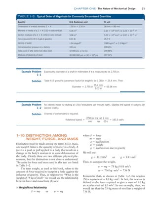 chapter ONE The Nature of Mechanical Design 21
1–10 DISTINCTION AMONG
WEIGHT
, FORCE, AND MASS
Distinction must be made among the terms force, mass,
and weight. Mass is the quantity of matter in a body. A
force is a push or pull applied to a body that results in a
change in the body’s motion or in some deformation of
the body. Clearly these are two different physical phe-
nomena, but the distinction is not always understood.
The units for force and mass used in this text are listed
in Table 1–2.
The term weight, as used in this book, refers to the
amount of force required to support a body against the
influence of gravity. Thus, in response to “What is the
weight of 75 kg of steel?” we would use the relationship
between force and mass from physics:
➭ Weight/Mass Relationship
F = ma or w = mg
where F = force
m = mass
a = acceleration
w = weight
g = acceleration due to gravity
We will use
g = 32.2 ft/s2
or g = 9.81 m/s2
Then, to compute the weight,
w = mg = 75 kg (9.81 m/s2
)
w = 736 kg # m/s2
= 736 N
Remember that, as shown in Table 1–2, the newton
(N) is equivalent to 1.0 kg # m/s2
. In fact, the newton is
defined as the force required to give a mass of 1.0 kg
an acceleration of 1.0 m/s2
. In our example, then, we
would say that the 75-kg mass of steel has a weight of
736 N.
TABLE 1–5 Typical Order of Magnitude for Commonly Encountered Quantities
Quantity U.S. Customary unit SI unit
Dimensions of a wood standard 2 * 4 1.50 in * 3.50 in 38 mm * 89 mm
Moment of inertia of a 2 * 4 (3.50-in side vertical) 5.36 in4
2.23 * 106
mm4
, or 2.23 * 10-6
m4
Section modulus of a 2 * 4 (3.50-in side vertical) 3.06 in3
5.02 * 104
mm3
, or 5.02 * 10-5
m3
Force required to lift 1.0 gal of gasoline 6.01 lb 26.7 N
Density of water 1.94 slugs/ft3
1000 kg/m3
, or 1.0 Mg/m3
Compressed air pressure in a factory 100 psi 690 kPa
Yield point of SAE 1040 hot-rolled steel 42 000 psi, or 42 ksi 290 MPa
Modulus of elasticity of steel 30 000 000 psi, or 30 * 106
psi 207 GPa
Example Problem
1–1
Express the diameter of a shaft in millimeters if it is measured to be 2.755 in.
Solution Table A16 gives the conversion factor for length to be 1.00 in = 25.4 mm. Then
Diameter = 2.755 in
25.4 mm
1.00 in
= 69.98 mm
Example Problem
1–2
An electric motor is rotating at 1750 revolutions per minute (rpm). Express the speed in radians per
second (rad/s).
Solution A series of conversions is required.
Rotational speed =
1750 rev
min
2p rad
rev
1 min
60 s
= 183.3 rad/s
M01B_MOTT1184_06_SE_C01.indd 21 3/15/17 3:40 PM
 