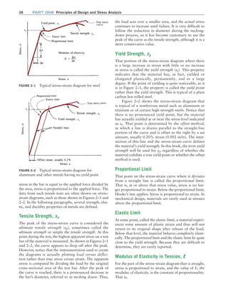 28 Part one Principles of Design and Stress Analysis
the load acts over a smaller area, and the actual stress
continues to increase until failure. It is very difficult to
follow the reduction in diameter during the necking-
down process, so it has become customary to use the
peak of the curve as the tensile strength, although it is a
more conservative value.
Yield Strength, sy
That portion of the stress–strain diagram where there
is a large increase in strain with little or no increase
in stress is called the yield strength (sy). This ­
property
­
indicates that the material has, in fact, yielded or
­
elongated ­
plastically, permanently, and to a large
degree. If the point of yielding is quite noticeable, as it
is in Figure 2–1, the property is called the yield point
rather than the yield strength. This is typical of a plain
carbon hot-rolled steel.
Figure 2–2 shows the stress–strain diagram that
is typical of a nonferrous metal such as aluminum or
titanium or of certain high-strength steels. Notice that
there is no pronounced yield point, but the material
has actually yielded at or near the stress level indicated
as sy. That point is determined by the offset method,
in which a line is drawn parallel to the straight-line
portion of the curve and is offset to the right by a set
amount, usually 0.20% strain (0.002 in/in). The inter-
section of this line and the stress–strain curve defines
the material’s yield strength. In this book, the term yield
strength will be used for sy, regardless of whether the
material exhibits a true yield point or whether the offset
method is used.
Proportional Limit
That point on the stress–strain curve where it deviates
from a straight line is called the proportional limit.
That is, at or above that stress value, stress is no lon-
ger proportional to strain. Below the proportional limit,
Hooke’s law applies: Stress is proportional to strain. In
mechanical design, materials are rarely used at stresses
above the proportional limit.
Elastic Limit
At some point, called the elastic limit, a material experi-
ences some amount of plastic strain and thus will not
return to its original shape after release of the load.
Below that level, the material behaves completely elasti-
cally. The proportional limit and the elastic limit lie quite
close to the yield strength. Because they are difficult to
determine, they are rarely reported.
Modulus of Elasticity in Tension, E
For the part of the stress–strain diagram that is straight,
stress is proportional to strain, and the value of E, the
modulus of elasticity, is the constant of proportionality.
That is,
stress in the bar is equal to the applied force divided by
the area, stress is proportional to the applied force. The
data from such tensile tests are often shown on stress–
strain diagrams, such as those shown in Figures 2–1 and
2–2. In the following paragraphs, several strength, elas-
tic, and ductility properties of metals are defined.
Tensile Strength, su
The peak of the stress–strain curve is considered the
­
ultimate tensile strength (su), sometimes called the
­
ultimate strength or simply the tensile strength. At this
point ­
during the test, the highest apparent stress on a test
bar of the material is measured. As shown in Figures 2–1
and 2–2, the curve appears to drop off after the peak.
However, notice that the instrumentation used to ­
create
the diagrams is actually plotting load versus deflec-
tion rather than true stress versus strain. The apparent
stress is computed by dividing the load by the original
­
cross-sectional area of the test bar. After the peak of
the curve is reached, there is a pronounced decrease in
the bar’s diameter, referred to as necking down. Thus,
FIGURE 2–1 Typical stress–strain diagram for steel
FIGURE 2–2 Typical stress–strain diagram for
aluminum and other metals having no yield point
M02_MOTT1184_06_SE_C02.indd 28 3/13/17 4:06 PM
 