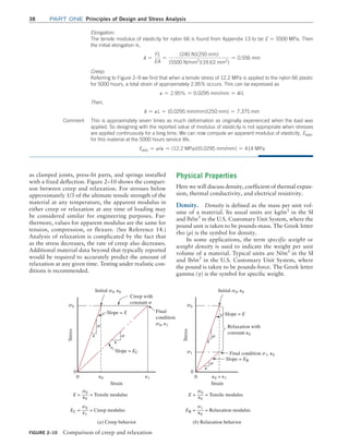 38 Part one Principles of Design and Stress Analysis
Physical Properties
Here we will discuss density, coefficient of thermal expan-
sion, thermal conductivity, and electrical resistivity.
Density. Density is defined as the mass per unit vol-
ume of a material. Its usual units are kg/m3
in the SI
and lb/in3
in the U.S. Customary Unit System, where the
pound unit is taken to be pounds-mass. The Greek letter
rho (r) is the symbol for density.
In some applications, the term specific weight or
weight density is used to indicate the weight per unit
volume of a material. Typical units are N/m3
in the SI
and lb/in3
in the U.S. Customary Unit System, where
the pound is taken to be pounds-force. The Greek letter
gamma (g) is the symbol for specific weight.
as clamped joints, press-fit parts, and springs installed
with a fixed deflection. Figure 2–10 shows the compari-
son between creep and relaxation. For stresses below
approximately 1/3 of the ultimate tensile strength of the
material at any temperature, the apparent modulus in
either creep or relaxation at any time of loading may
be considered similar for engineering purposes. Fur-
thermore, values for apparent modulus are the same for
tension, compression, or flexure. (See Reference 14.)
Analysis of relaxation is complicated by the fact that
as the stress decreases, the rate of creep also decreases.
Additional material data beyond that typically reported
would be required to accurately predict the amount of
relaxation at any given time. Testing under realistic con-
ditions is recommended.
FIGURE 2–10 Comparison of creep and relaxation
Slope = E
s
s
P
P
s0
Creep with
constant s
Final
condition
s0, P1
Slope = EC
0
0
Strain
P0 P1
Slope = E
s
s
P
P
s0
s1 Final condition s1, P0
Relaxation with
constant P0
Slope = ER
0
0
Strain
P0 = P1
Stress
Stress
Initial s0, P0 Initial s0, P0
E = = Tensile modulus
s0
P0
EC = = Creep modulus
s0
P1
(a) Creep behavior
E = = Tensile modulus
s0
P0
ER = = Relaxation modulus
s1
P0
(b) Relaxation behavior
Elongation:
The tensile modulus of elasticity for nylon 66 is found from Appendix 13 to be E = 5500 MPa. Then
the initial elongation is,
d =
FL
EA
=
(240 N)(250 mm)
(5500 N/mm2
)(19.63 mm2
)
= 0.556 mm
Creep:
Referring to Figure 2–9 we find that when a tensile stress of 12.2 MPa is applied to the nylon 66 plastic
for 5000 hours, a total strain of approximately 2.95% occurs. This can be expressed as
P = 2.95% = 0.0295 mm/mm = d/L
Then,
d = PL = (0.0295 mm/mm)(250 mm) = 7.375 mm
Comment This is approximately seven times as much deformation as originally experienced when the load was
applied. So designing with the reported value of modulus of elasticity is not appropriate when stresses
are applied continuously for a long time. We can now compute an apparent modulus of elasticity, Eapp,
for this material at the 5000 hours service life.
Eapp = s/P = (12.2 MPa)/(0.0295 mm/mm) = 414 MPa
M02_MOTT1184_06_SE_C02.indd 38 3/13/17 4:06 PM
 