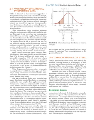 chapter TWO  Materials in Mechanical Design 43
performance, and the interactions of various compo-
nents with each other. There is more discussion on this
point in Chapter 5.
2–5 CARBON AND ALLOY STEEL
Steel is possibly the most widely used material for
machine elements because of its properties of high
strength, high stiffness, durability, and relative ease of
fabrication. Many types of steels are available. This sec-
tion will discuss the methods used for designating steels
and will describe the most frequently used types.
The term steel refers to an alloy of iron, carbon,
manganese, and one or more other significant elements.
Carbon has a very strong effect on the strength, hardness,
and ductility of any steel alloy. The other elements affect
hardenability, toughness, corrosion resistance, machin-
ability, and strength retention at high temperatures. The
primary alloying elements present in the various alloy
steels are sulfur, phosphorus, silicon, nickel, chromium,
molybdenum, and vanadium.
Designation Systems
As mentioned in Section 2–3, the designation systems for
steels are managed by either SAE International or ASTM
International. The wrought or rolled steels typically used
for machine elements are most likely to be selected from
SAE grades. Structural steels and many cast metals carry
ASTM grade designations. It was pointed out earlier that,
until the recent past, both SAE and AISI issued wrought
or rolled steel designations that were substantially identi-
cal, but AISI no longer performs this function. However,
it is likely that much published literature and commercial
product information will continue to use the term AISI
until the new systems are phased in.
2–4 
VARIABILTY OF MATERIAL
PROPERTIES DATA
Tables of data such as those shown in Appendices 3
through 13 normally report single values for the strength,
the modulus of elasticity (stiffness), or the percent elon-
gation (ductility) of a particular material at a particular
condition created by heat treatment or by the manner in
which it was formed. It is important for you to under-
stand the limitations of such data in making design deci-
sions. You should seek information about the bases for
the reported data.
Some tables of data report guaranteed minimum
values for tensile strength, yield strength, and other val-
ues. This might be the case when you are using data
obtained from a particular supplier. With such data,
you should feel confident that the material that actually
goes into your product has at least the reported strength.
The supplier should be able to provide actual test data
and statistical analyses used to determine the reported
minimum strengths. Alternatively, you could arrange to
have the actual materials to be used in a project tested
to determine their minimum strength values. Such tests
are costly, but they may be justified in critical designs.
Other tables of data report typical values for mate-
rial properties. Thus, most batches of material (greater
than 50%) delivered will have the stated values or
greater. However, about 50% will have lower values,
and this fact will affect your confidence in specifying
a particular material and heat treatment if strength is
critical. In such cases, you are advised to use higher than
average design factors in your calculations of allowable
(design) strength. (See Chapter 5.)
Using the guaranteed minimum values for strength
in design decisions would be the safest approach. How-
ever, it is very conservative because most of the mate-
rial actually delivered would have strengths significantly
greater than the listed values.
One way to make the design more favorable is to
acquire data for the statistical distribution of strength val-
ues taken for many samples. Then applications of prob-
ability theories can be used to specify suitable conditions
for the material with a reasonable degree of confidence
that the parts will perform according to specifications.
Figure 2–11 illustrates some of the basic concepts of sta-
tistical distribution. The variation of strength over the
entire population of samples is often assumed to have a
normal distribution around some mean or average value.
If you used a strength value that is one standard deviation
(1s) below the mean, 84% of the products would survive.
At two standard deviations, greater than 97% would sur-
vive; at three standard deviations, more than 99.8%; and
at four standard deviations, more than 99.99%.
As the designer, you must carefully judge the
reliability of the data that you use. Ultimately, you
should evaluate the reliability of the final product by
considering the actual variations in material proper-
ties, the manufacturing considerations that may affect
FIGURE 2–11 Normal statistical distribution of material
strength
Example: At –1s
Strength of material
Assuming normal distribution of strength:
Stress level % Surviving
Mean
–1s
–2s
–3s
–4s
50
84
97
99.8
99.99
Failures = 16%
–3s 3s
–2s 2s
–1s +1s
Mean
Survivors = 84%
Frequency
M02_MOTT1184_06_SE_C02.indd 43 3/13/17 4:06 PM
 