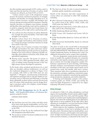 chapter TWO  Materials in Mechanical Design 45
■
■ The final set of four Xs refer to special production
methods, quality standards, or processing.
Details of the chemistry and other requirements of
various alloys are contained in other SAE standards,
including:
■
■ J403 Chemical Compositions of SAE Carbon Steels;
for carbon steels in the 10XX, 11XX, 12XX, and
15XX series (see Table 2–8).
■
■ J404 Chemical Compositions of SAE Alloy Steels; for
alloy steels in the remaining series.
■
■ J1086 Numbering Metals and Alloys.
■
■ J1249 Former SAE Standard and Former SAE-Ex
Steels.
■
■ J1268 Hardenability Bands for Carbon and Alloy H
Steels.
■
■ J1868 Restricted Hardenability Bands for Selected
Alloy Steels.
The place of steels in the overall UNS is documented
in the standard jointly published by SAE and ASTM:
SAE HS-1086/ASTM DS 56H Metals and Alloys in the
Unified Numbering System. See Internet site 4 and 5 for
additional information and to acquire these standards.
The new designation system permits steel manufac-
turers to modify the standard chemistry for commonly
used steels to meet specific customer needs without creat-
ing an entirely new four-digit designation number. Per-
formance requirements for press-forming, roll-forming,
abrasion resistance, environmental corrosion resistance,
cleanliness of the steel, and similar special needs can be
assured more easily and reliably with such a system.
These situations often arise in production operations in
the automotive, aerospace, appliance, construction equip-
ment, agricultural equipment, manufacturing equipment,
energy production equipment, and similar industries.
A bearing steel nominally contains 1.0% carbon.
Common grades are 50100, 51100, and 52100; the
usual four-digit designation is replaced by five digits,
indicating 100 points of carbon.
Alloy Groups
As indicated in Table 2–8, sulfur, phosphorus, and lead
improve the machinability of steels and are added in signif-
icant amounts to the 11xx, 12xx, and 12Lxx grades. These
grades are used for screw machine parts requiring high pro-
duction rates where the resulting parts are not subjected to
high stresses or wear conditions. In the other alloys, these
elements are controlled to a very low level because of their
adverse effects, such as increased brittleness.
Nickel improves the toughness, hardenability, and
corrosion resistance of steel and is included in most of
the alloy steels. Chromium improves hardenability, wear
and abrasion resistance, and strength at elevated temper-
atures. In high concentrations, chromium provides signif-
icant corrosion resistance, as discussed in the section on
the alloy includes approximately 0.20% carbon, and it is
often said that the steel has 20 points of carbon. Small
variations are allowed, say from 0.18% to 0.23%.
Carbon content is part of the designation system
because the primary mechanical properties of strength,
hardness, and ductility are strongly dependent on it. As
carbon content increases, strength and hardness also
increase during processing and heat treatment. Ductility
typically decreases so designers must balance strength
and ductility when specifying a steel and its condition. It
is useful to categorize steels into four broad classes, low
carbon, medium carbon, high carbon, and bearing steels.
■
■ Low carbon: Less than 30 points of carbon. Relatively
low strength but good formability. Used where high
strength is not required.
■
■ Medium carbon: From 30 to 50 points of carbon.
Higher strength and hardness with moderate ductil-
ity. A large percentage of machine elements are made
from steels in this class.
■
■ High carbon: 50 to 95 points of carbon. Even higher
strength and hardness but often with lower ductil-
ity. The high hardness provides good wear properties
leading to uses such as knives requiring a durable cut-
ting edge, parts subject to abrasion, tools, chisels, and
agricultural implements.
■
■ Bearing steels: typically 100 points of carbon or
higher (Ú1.0%). Often specified for balls, rollers, and
races of rolling contact bearings because of the very
high contact stresses developed in operation.
In this book, when standard specifications for a steel
alloy are intended, without modification, we will use
the traditional designation as shown in Figure 2–12:
for example, SAE 1020 or SAE 4340 steel. See also
­Appendix 3. Designers, manufacturing professionals,
and engineers sometimes refer to only the number in con-
versation, such as 1020 steel and 4340 steel, or describe
them colloquially as plain carbon steel and chrome-moly
steel. Of course, when specifying a steel on design draw-
ings or purchase orders, the complete, formal designa-
tions should be used.
The New UNS Designations for G, H, and K
Steels. SAE Standard J402 defines a 12-character des-
ignation using the format:
GXXXX-XXX-XXXX
where,
■
■ The lead letter may be G for carbon and alloy steels,
H for steels with specific hardenability, or K for mis-
cellaneous steels and ferrous alloys as previously listed
in the UNS.
■
■ The first set of four Xs are the traditional four-digit
SAE designation described earlier.
■
■ The second set of three Xs denote modifications to the
standard chemistry.
M02_MOTT1184_06_SE_C02.indd 45 3/13/17 4:06 PM
 