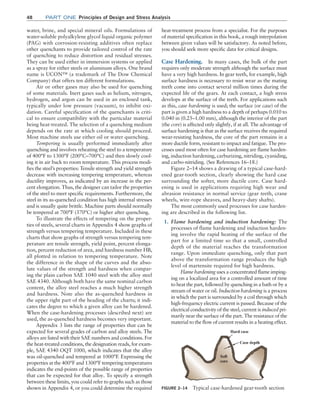 48 Part one Principles of Design and Stress Analysis
heat-treatment process from a specialist. For the purposes
of material specification in this book, a rough interpolation
between given values will be satisfactory. As noted before,
you should seek more specific data for critical designs.
Case Hardening. In many cases, the bulk of the part
requires only moderate strength although the surface must
have a very high hardness. In gear teeth, for example, high
surface hardness is necessary to resist wear as the mating
teeth come into contact several million times during the
expected life of the gears. At each contact, a high stress
develops at the surface of the teeth. For applications such
as this, case hardening is used; the surface (or case) of the
part is given a high hardness to a depth of perhaps 0.010 to
0.040 in (0.25–1.00 mm), although the interior of the part
(the core) is affected only slightly, if at all. The advantage of
surface hardening is that as the surface receives the required
wear-resisting hardness, the core of the part remains in a
more ductile form, resistant to impact and fatigue. The pro-
cesses used most often for case hardening are flame harden-
ing, induction hardening, carburizing, nitriding, cyaniding,
and carbo-nitriding. (See References 16–18.)
Figure 2–14 shows a drawing of a typical case-hard-
ened gear-tooth section, clearly showing the hard case
surrounding the softer, more ductile core. Case hard-
ening is used in applications requiring high wear and
abrasion resistance in normal service (gear teeth, crane
wheels, wire-rope sheaves, and heavy-duty shafts).
The most commonly used processes for case harden-
ing are described in the following list.
1. Flame hardening and induction hardening: The
processes of flame hardening and induction harden-
ing involve the rapid heating of the surface of the
part for a limited time so that a small, controlled
depth of the material reaches the transformation
range. Upon immediate quenching, only that part
above the transformation range produces the high
level of martensite required for high hardness.
Flame hardening uses a concentrated flame imping-
ing on a localized area for a controlled amount of time
to heat the part, followed by quenching in a bath or by a
stream of water or oil. Induction hardening is a process
in which the part is surrounded by a coil through which
high-frequency electric current is passed. Because of the
electrical conductivity of the steel, current is induced pri-
marily near the surface of the part. The resistance of the
material to the flow of current results in a heating effect.
water, brine, and special mineral oils. Formulations of
water-soluble polyalkylene glycol liquid organic polymer
(PAG) with corrosion-resisting additives often replace
other quenchants to provide tailored control of the rate
of quenching to reduce distortion and residual stresses.
They can be used either in immersion systems or applied
as a spray for either steels or aluminum alloys. One brand
name is UCON™ (a trademark of The Dow Chemical
Company) that offers ten different formulations.
Air or other gases may also be used for quenching
of some materials. Inert gases such as helium, nitrogen,
hydrogen, and argon can be used in an enclosed tank,
typically under low pressure (vacuum), to inhibit oxi-
dation. Careful specification of the quenchants is criti-
cal to ensure compatibility with the particular material
being heat-treated. The selection of a quenching medium
depends on the rate at which cooling should proceed.
Most machine steels use either oil or water quenching.
Tempering is usually performed immediately after
quenching and involves reheating the steel to a temperature
of 400°F to 1300°F (200°C–700°C) and then slowly cool-
ing it in air back to room temperature. This process modi-
fies the steel’s properties: Tensile strength and yield strength
decrease with increasing tempering temperature, whereas
ductility improves, as indicated by an increase in the per-
cent elongation. Thus, the designer can tailor the properties
of the steel to meet specific requirements. Furthermore, the
steel in its as-quenched condition has high internal stresses
and is usually quite brittle. Machine parts should normally
be tempered at 700°F (370°C) or higher after quenching.
To illustrate the effects of tempering on the proper-
ties of steels, several charts in Appendix 4 show graphs of
strength versus tempering temperature. Included in these
charts that show graphs of strength versus tempering tem-
perature are tensile strength, yield point, percent elonga-
tion, percent reduction of area, and hardness number HB,
all plotted in relation to tempering temperature. Note
the difference in the shape of the curves and the abso-
lute values of the strength and hardness when compar-
ing the plain carbon SAE 1040 steel with the alloy steel
SAE 4340. Although both have the same nominal carbon
content, the alloy steel reaches a much higher strength
and hardness. Note also the as-quenched hardness in
the upper right part of the heading of the charts; it indi-
cates the degree to which a given alloy can be hardened.
When the case-hardening processes (described next) are
used, the as-quenched hardness becomes very important.
Appendix 3 lists the range of properties that can be
expected for several grades of carbon and alloy steels. The
alloys are listed with their SAE numbers and conditions. For
the heat-treated conditions, the designation reads, for exam-
ple, SAE 4340 OQT 1000, which indicates that the alloy
was oil-quenched and tempered at 1000°F. Expressing the
properties at the 400°F and 1300°F tempering temperatures
indicates the end-points of the possible range of properties
that can be expected for that alloy. To specify a strength
between these limits, you could refer to graphs such as those
shown in Appendix 4, or you could determine the required FIGURE 2–14 Typical case-hardened gear-tooth section
M02_MOTT1184_06_SE_C02.indd 48 3/13/17 4:06 PM
 