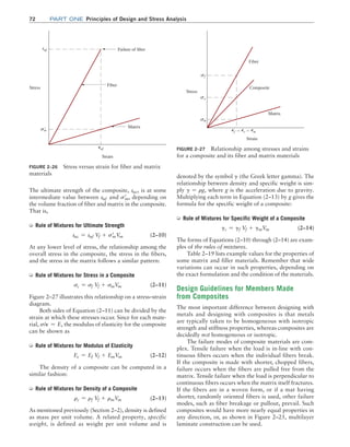 72 Part one Principles of Design and Stress Analysis
denoted by the symbol g (the Greek letter gamma). The
relationship between density and specific weight is sim-
ply g = rg, where g is the acceleration due to gravity.
Multiplying each term in Equation (2–13) by g gives the
formula for the specific weight of a composite:
➭ Rule of Mixtures for Specific Weight of a Composite
gc = gf Vf + gmVm (2–14)
The forms of Equations (2–10) through (2–14) are exam-
ples of the rules of mixtures.
Table 2–19 lists example values for the properties of
some matrix and filler materials. Remember that wide
variations can occur in such properties, depending on
the exact formulation and the condition of the materials.
Design Guidelines for Members Made
from Composites
The most important difference between designing with
metals and designing with composites is that metals
are typically taken to be homogeneous with isotropic
strength and stiffness properties, whereas composites are
decidedly not homogeneous or isotropic.
The failure modes of composite materials are com-
plex. Tensile failure when the load is in-line with con-
tinuous fibers occurs when the individual fibers break.
If the composite is made with shorter, chopped fibers,
failure occurs when the fibers are pulled free from the
matrix. Tensile failure when the load is perpendicular to
continuous fibers occurs when the matrix itself fractures.
If the fibers are in a woven form, or if a mat having
shorter, randomly oriented fibers is used, other failure
modes, such as fiber breakage or pullout, prevail. Such
composites would have more nearly equal properties in
any direction, or, as shown in Figure 2–25, multilayer
laminate construction can be used.
The ultimate strength of the composite, suc, is at some
intermediate value between suf and sm
=
, depending on
the volume fraction of fiber and matrix in the composite.
That is,
➭ Rule of Mixtures for Ultimate Strength
suc = suf Vf + sm
=
Vm (2–10)
At any lower level of stress, the relationship among the
overall stress in the composite, the stress in the fibers,
and the stress in the matrix follows a similar pattern:
➭ Rule of Mixtures for Stress in a Composite
sc = sf Vf + smVm (2–11)
Figure 2–27 illustrates this relationship on a stress–strain
diagram.
Both sides of Equation (2–11) can be divided by the
strain at which these stresses occur. Since for each mate-
rial, s/P = E, the modulus of elasticity for the composite
can be shown as
➭ Rule of Mixtures for Modulus of Elasticity
Ec = Ef Vf + EmVm (2–12)
The density of a composite can be computed in a
similar fashion:
➭ Rule of Mixtures for Density of a Composite
rc = rf Vf + rmVm (2–13)
As mentioned previously (Section 2–2), density is defined
as mass per unit volume. A related property, specific
weight, is defined as weight per unit volume and is
FIGURE 2–26 Stress versus strain for fiber and matrix
materials
Failure of fiber
Fiber
Matrix
Stress
Strain
s¿
suf
m
uf
P FIGURE 2–27 Relationship among stresses and strains
for a composite and its fiber and matrix materials
Fiber
Composite
Matrix
Strain
Stress
f
c
m
f c m
= =
s
s
s
P P P
M02_MOTT1184_06_SE_C02.indd 72 3/13/17 4:07 PM
 