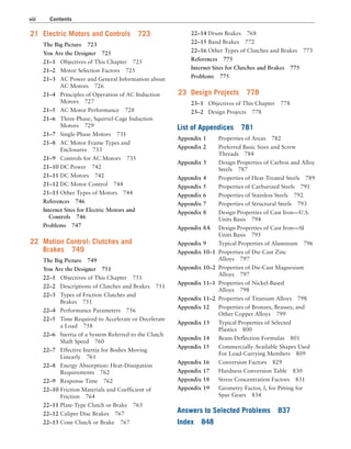 viii Contents
22–14 Drum Brakes 768
22–15 Band Brakes 772
22–16 Other Types of Clutches and Brakes 773
References 775
Internet Sites for Clutches and Brakes 775
Problems 775
23 Design Projects 778
23–1 Objectives of This Chapter 778
23–2 Design Projects 778
List of Appendices 781
Appendix 1 Properties of Areas 782
Appendix 2 Preferred Basic Sizes and Screw
Threads 784
Appendix 3 Design Properties of Carbon and Alloy
Steels 787
Appendix 4 Properties of Heat-Treated Steels 789
Appendix 5 Properties of Carburized Steels 791
Appendix 6 Properties of Stainless Steels 792
Appendix 7 Properties of Structural Steels 793
Appendix 8 Design Properties of Cast Iron—U.S.
Units Basis 794
Appendix 8A Design Properties of Cast Iron—SI
Units Basis 795
Appendix 9 Typical Properties of Aluminum 796
Appendix 10–1 Properties of Die-Cast Zinc
Alloys 797
Appendix 10–2 Properties of Die-Cast Magnesium
Alloys 797
Appendix 11–1 Properties of Nickel-Based
Alloys 798
Appendix 11–2 Properties of Titanium Alloys 798
Appendix 12 Properties of Bronzes, Brasses, and
Other Copper Alloys 799
Appendix 13 Typical Properties of Selected
Plastics 800
Appendix 14 Beam-Deflection Formulas 801
Appendix 15 Commercially Available Shapes Used
For Load-Carrying Members 809
Appendix 16 Conversion Factors 829
Appendix 17 Hardness Conversion Table 830
Appendix 18 Stress Concentration Factors 831
Appendix 19 Geometry Factor, I, for Pitting for
Spur Gears 834
Answers to Selected Problems 837
Index 848
21 Electric Motors and Controls 723
The Big Picture 723
You Are the Designer 725
21–1 Objectives of This Chapter 725
21–2 Motor Selection Factors 725
21–3 AC Power and General Information about
AC Motors 726
21–4 Principles of Operation of AC Induction
Motors 727
21–5 AC Motor Performance 728
21–6 Three-Phase, Squirrel-Cage Induction
Motors 729
21–7 Single-Phase Motors 731
21–8 AC Motor Frame Types and
Enclosures 733
21–9 Controls for AC Motors 735
21–10 DC Power 742
21–11 DC Motors 742
21–12 DC Motor Control 744
21–13 Other Types of Motors 744
References 746
Internet Sites for Electric Motors and
Controls 746
Problems 747
22 Motion Control: Clutches and
Brakes 749
The Big Picture 749
You Are the Designer 751
22–1 Objectives of This Chapter 751
22–2 Descriptions of Clutches and Brakes 751
22–3 Types of Friction Clutches and
Brakes 751
22–4 Performance Parameters 756
22–5 Time Required to Accelerate or Decelerate
a Load 758
22–6 Inertia of a System Referred to the Clutch
Shaft Speed 760
22–7 Effective Inertia for Bodies Moving
Linearly 761
22–8 Energy Absorption: Heat-Dissipation
Requirements 762
22–9 Response Time 762
22–10 Friction Materials and Coefficient of
Friction 764
22–11 Plate-Type Clutch or Brake 765
22–12 Caliper Disc Brakes 767
22–13 Cone Clutch or Brake 767
A01_MOTT1184_06_SE_FM.indd 8 3/15/17 7:03 PM
 