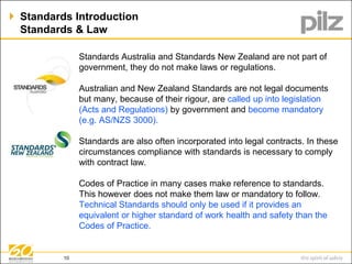  Standards Introduction 
Standards & Law 
Standards Australia and Standards New Zealand are not part of 
government, they do not make laws or regulations. 
Australian and New Zealand Standards are not legal documents 
but many, because of their rigour, are called up into legislation 
(Acts and Regulations) by government and become mandatory 
(e.g. AS/NZS 3000). 
Standards are also often incorporated into legal contracts. In these 
circumstances compliance with standards is necessary to comply 
with contract law. 
Codes of Practice in many cases make reference to standards. 
This however does not make them law or mandatory to follow. 
Technical Standards should only be used if it provides an 
equivalent or higher standard of work health and safety than the 
Codes of Practice. 
10 
 