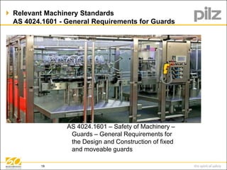  Relevant Machinery Standards 
AS 4024.1601 - General Requirements for Guards 
AS 4024.1601 – Safety of Machinery – 
Guards – General Requirements for 
the Design and Construction of fixed 
and moveable guards 
18 
 