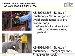  Relevant Machinery Standards 
AS 4024.1803 & AS 4024.1604 
AS 4024.1803 - Safety of 
machinery - Minimum gaps to 
avoid crushing parts of the 
human body 
Gives data for calculation of 
safe gaps between moving 
parts etc 
AS 4024.1604 - Safety of 
machinery - Emergency Stop - 
Principles for design 
34 
 