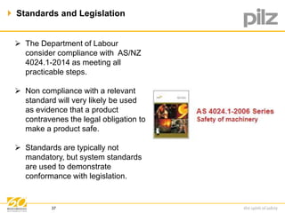  Standards and Legislation 
 The Department of Labour 
consider compliance with AS/NZ 
4024.1-2014 as meeting all 
practicable steps. 
 Non compliance with a relevant 
standard will very likely be used 
as evidence that a product 
contravenes the legal obligation to 
make a product safe. 
 Standards are typically not 
mandatory, but system standards 
are used to demonstrate 
conformance with legislation. 
37 
 