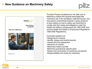  New Guidance on Machinery Safety 
The Best Practice Guidelines for the Safe Use of 
Machinery outlines the hazards associated with 
machinery use in the workplace, potential injuries, and 
how best to control these hazards. It gives guidance 
to duty holders on how to safely use machinery to 
comply with their duties and obligations under the 
Health and Safety in Employment Act 1992 (HSE Act) 
and the Health and Safety in Employment Regulations 
1995 (HSE Regulations). 
It provides guidance on: 
•Designing out hazards 
•Identify, assess and control hazards 
•Hazard and risk assessment 
•Hierarchy of controls 
•Machinery hazard controls 
•Machinery guarding for specific plant 
•Design and construction of machinery and guards 
•Responsibilities and duties for machinery 
38 
 