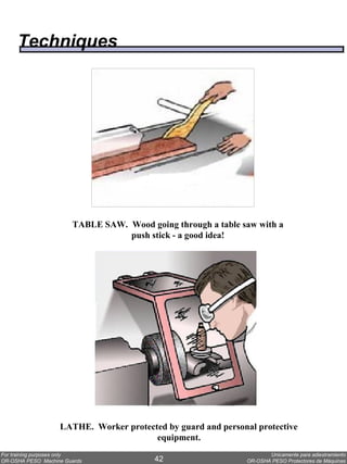 Techniques




                       TABLE SAW. Wood going through a table saw with a
                                  push stick - a good idea!




                   LATHE. Worker protected by guard and personal protective
                                        equipment.
For training purposes only                                            Unicamente para adiestramiento
OR-OSHA PESO Machine Guards              42                    OR-OSHA PESO Protectores de Máquinas
 