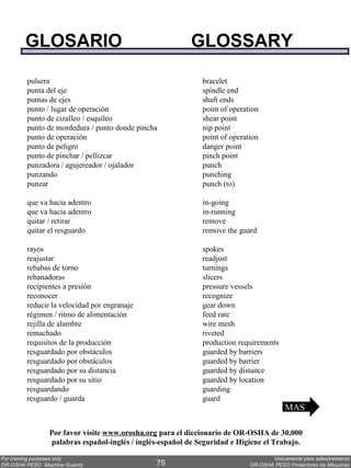 GLOSARIO                                         GLOSSARY

        pulsera                                             bracelet
        punta del eje                                       spindle end
        puntas de ejes                                      shaft ends
        punto / lugar de operación                          point of operation
        punto de cizalleo / esquileo                        shear point
        punto de mordedura / punto donde pincha             nip point
        punto de operación                                  point of operation
        punto de peligro                                    danger point
        punto de pinchar / pellizcar                        pinch point
        punzadora / agujereador / ojalador                  punch
        punzando                                            punching
        punzar                                              punch (to)

        que va hacia adentro                                in-going
        que va hacia adentro                                in-running
        quitar / retirar                                    remove
        quitar el resguardo                                 remove the guard

        rayos                                               spokes
        reajustar                                           readjust
        rebabas de torno                                    turnings
        rebanadoras                                         slicers
        recipientes a presión                               pressure vessels
        reconocer                                           recognize
        reducir la velocidad por engranaje                  gear down
        régimen / ritmo de alimentación                     feed rate
        rejilla de alambre                                  wire mesh
        remachado                                           riveted
        requisitos de la producción                         production requirements
        resguardado por obstáculos                          guarded by barriers
        resguardado por obstáculos                          guarded by barrier
        resguardado por su distancia                        guarded by distance
        resguardado por su sitio                            guarded by location
        resguardando                                        guarding
        resguardo / guarda                                  guard
                                                                                        MAS

               Por favor visite www.orosha.org para el diccionario de OR-OSHA de 30,000
                palabras español-inglés / inglés-español de Seguridad e Higiene el Trabajo.

For training purposes only                                                        Unicamente para adiestramiento
OR-OSHA PESO Machine Guards                    75                          OR-OSHA PESO Protectores de Máquinas
 