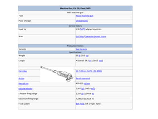 Machine Gun, Cal .50, Fixed, M85
M85 machine gun
Type Heavy machine gun
Place of origin United States
Service history
Used by U.S./NATO-aligned countries
Wars Gulf War/Operation Desert Storm
Production history
Variants See Variants
Specifications
Weight 65 lb (29.5 kg)
Length • Overall: 54.5 in(1,384.3 mm)
Cartridge 12.7×99mm NATO (.50 BMG)
Action Recoil-operated
Rate of fire 400-625 rd/min
Muzzle velocity 2,887 ft/s (880.0 m/s)
Effective firing range 2,187 yd (1,999.8 m)
Maximum firing range 7,330 yd (6,702.6 m)
Feed system Belt Feed, left or right hand
 
