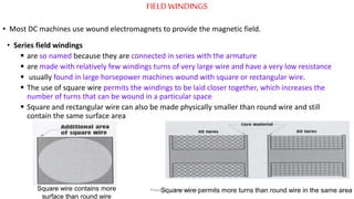 FIELDWINDINGS
• Most DC machines use wound electromagnets to provide the magnetic field.
• Series field windings
 are so named because they are connected in series with the armature
 are made with relatively few windings turns of very large wire and have a very low resistance
 usually found in large horsepower machines wound with square or rectangular wire.
 The use of square wire permits the windings to be laid closer together, which increases the
number of turns that can be wound in a particular space
 Square and rectangular wire can also be made physically smaller than round wire and still
contain the same surface area
Square wire permits more turns than round wire in the same areaSquare wire contains more
surface than round wire
Prepared by Jibesh Kanti Saha
 