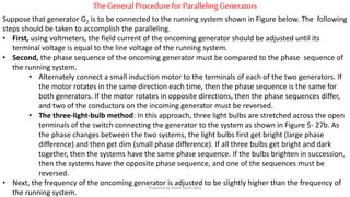 TheGeneral Procedure forParallelingGenerators
Suppose that generator G2 is to be connected to the running system shown in Figure below. The following
steps should be taken to accomplish the paralleling.
• First, using voltmeters, the field current of the oncoming generator should be adjusted until its
terminal voltage is equal to the line voltage of the running system.
• Second, the phase sequence of the oncoming generator must be compared to the phase sequence of
the running system.
• Alternately connect a small induction motor to the terminals of each of the two generators. If
the motor rotates in the same direction each time, then the phase sequence is the same for
both generators. If the motor rotates in opposite directions, then the phase sequences differ,
and two of the conductors on the incoming generator must be reversed.
• The three-light-bulb method: In this approach, three light bulbs are stretched across the open
terminals of the switch connecting the generator to the system as shown in Figure 5- 27b. As
the phase changes between the two systems, the light bulbs first get bright (large phase
difference) and then get dim (small phase difference). If all three bulbs get bright and dark
together, then the systems have the same phase sequence. If the bulbs brighten in succession,
then the systems have the opposite phase sequence, and one of the sequences must be
reversed.
• Next, the frequency of the oncoming generator is adjusted to be slightly higher than the frequency of
the running system.
Prepared by Jibesh Kanti Saha
 