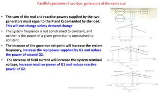 ParalleloperationoftwoSyn. generatorsofthe samesize
• The sum of the real and reactive powers supplied by the two
generators must equal to the P and Q demanded by the load.
This will not change unless demand change
• The system frequency is not constrained to constant, and
neither is the power of a given generator is constrained to
constant.
• The increase of the governor set point will increase the system
frequency, increase the real power supplied by G1 and reduce
the power of second G2.
• The increase of field current will increase the system terminal
voltage, increase reactive power of G1 and reduce reactive
power of G2.
Prepared by Jibesh Kanti Saha
 