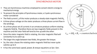 SYNCHRONOUS MOTOR
• They are Synchronous machines employed to convert electric energy to
mechanical energy
• To present the principles of Synchronous motor, a 2-pole synchronous
motor considered
• The field current IF of the motor produces a steady-state magnetic field BR.
• A three phase voltage on the stator produces a three phase current flow in
the windings.
• As a three phase set of currents in an armature produce uniform rotating
magnetic field BS. Therefore there are two magnetic fields present in the
machine and the rotor field will tend to line up with the other.
• Since the stator magnetic field is rotating, the rotor magnetic filed will
constantly try to catch up.
• The larger the angle between two fields, the greater the torque.
• So, the rotor chases the rotating stator magnetic field but never quite
catches up to it
• It has the same basic speed, power, & torque equations as Syn. Gen.
ckwiscountercloBkB SRind 
Prepared by Jibesh Kanti Saha
 
