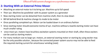 EffectofFieldcurrent changeson a synchronous motor
2- Starting With an External Prime Mover
• Attaching an external motor to it to bring syn. Machine up to full speed
• Then syn. Machine be paralleled with its power system as a generator
• Now starting motor can be detached from machine shaft, then its slow down
• BR fall behind Bnet & machine change its mode to be motor
• Once paralleling completed syn. Motor can be loaded down in an ordinary fashion
• Since starting motor should overcome inertia of syn. machine without a load & starting motor can have
much smaller rating
• since most syn. motors have brushless excitation systems mounted on their shaft, often these exciters
can be used as starting motors
• For many medium-size to large syn. motors, an external starting motor or starting by using exciter may
be the only possible solution , because the connected power system source may not be able to feed
the required starting current for amortisseur winding (next)
Prepared by Jibesh Kanti Saha
 