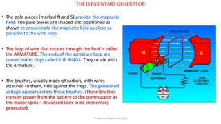 THE ELEMENTARYGENERATOR
• The pole pieces (marked N and S) provide the magnetic
field. The pole pieces are shaped and positioned as
shown to concentrate the magnetic field as close as
possible to the wire loop.
• The loop of wire that rotates through the field is called
the ARMATURE. The ends of the armature loop are
connected to rings called SLIP RINGS. They rotate with
the armature.
• The brushes, usually made of carbon, with wires
attached to them, ride against the rings. The generated
voltage appears across these brushes. (These brushes
transfer power from the battery to the commutator as
the motor spins – discussed later in dc elementary
generator).
Prepared by Jibesh Kanti Saha
 