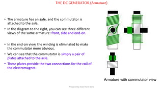 THE DC GENERATOR(Armature)
Armature with commutator view
• The armature has an axle, and the commutator is
attached to the axle.
• In the diagram to the right, you can see three different
views of the same armature: front, side and end-on.
• In the end-on view, the winding is eliminated to make
the commutator more obvious.
• We can see that the commutator is simply a pair of
plates attached to the axle.
• These plates provide the two connections for the coil of
the electromagnet.
Prepared by Jibesh Kanti Saha
 