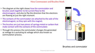 How Commutatorand Brushes Work
Brushes and commutator
• The diagram at the right shows how the commutator and
brushes work together to let current flow to the
electromagnet, and also to flip the direction that the electrons
are flowing at just the right moment.
• The contacts of the commutator are attached to the axle of the
electromagnet, so they spin with the magnet.
• The brushes are just two pieces of springy metal or carbon that
make contact with the contacts of the commutator.
• Through this process the commutator changes the generated
ac voltage to a pulsating dc voltage which also known as
commutation process.
Prepared by Jibesh Kanti Saha
 