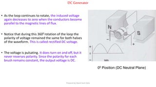 DC Generator
00 Position (DC Neutral Plane)
• As the loop continues to rotate, the induced voltage
again decreases to zero when the conductors become
parallel to the magnetic lines of flux.
• Notice that during this 3600 rotation of the loop the
polarity of voltage remained the same for both halves
of the waveform. This is called rectified DC voltage.
• The voltage is pulsating. It does turn on and off, but it
never reverses polarity. Since the polarity for each
brush remains constant, the output voltage is DC.
Prepared by Jibesh Kanti Saha
 