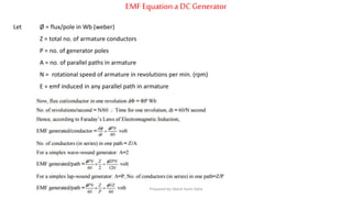 EMFEquationa DC Generator
Let Ø = flux/pole in Wb (weber)
Z = total no. of armature conductors
P = no. of generator poles
A = no. of parallel paths in armature
N = rotational speed of armature in revolutions per min. (rpm)
E = emf induced in any parallel path in armature
Prepared by Jibesh Kanti Saha
 