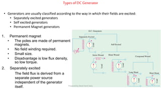 Types ofDC Generator
• Generators are usually classified according to the way in which their fields are excited:
• Separately excited generators
• Self excited generators
• Permanent Magnet generators
1. Permanent magnet
• The poles are made of permanent
magnets.
• No field winding required.
• Small size.
• Disadvantage is low flux density,
so low torque.
2. Separately excited
The field flux is derived from a
separate power source
independent of the generator
itself. Prepared by Jibesh Kanti Saha
 