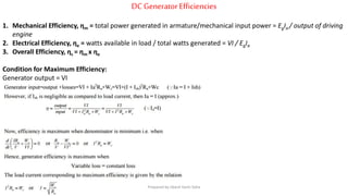 DC GeneratorEfficiencies
1. Mechanical Efficiency, ηm = total power generated in armature/mechanical input power = EgIa / output of driving
engine
2. Electrical Efficiency, ηe = watts available in load / total watts generated = VI / EgIa
3. Overall Efficiency, ηc = ηm x ηe
Condition for Maximum Efficiency:
Generator output = VI
Prepared by Jibesh Kanti Saha
 