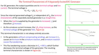 TheTerminalCharacteristicofA SeparatelyExcitedDC Generator
The terminal characteristic of a separately excited dc
generator (a) with and (b) without compensating
windings (EA = K)
For DC generator, the output quantities are its terminal voltage and line
current. The terminal voltage is
VT = EA – IARA (IA = IL)
Since the internal generated voltage EA is independent of IA, the terminal
characteristic of the separately excited generator is a straight line.
• When the load is supplied by the generator is increased, IL (and
therefore IA) increase.
• As the armature current increase, the IARA drop increase, so the
terminal voltage of the generator falls. Figure (a)
This terminal characteristic is not always entirely accurate.
• In the generators without compensating windings, an increase in IA
causes an increase in the armature reaction, and armature reaction
causes flux weakening.
• This flux weakening causes a decrease in EA = Kω which further
decreases the terminal voltage of the generator. The resulting
terminal characteristic is shown in Figure (b)
Prepared by Jibesh Kanti Saha
 