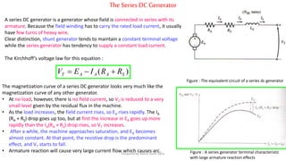 TheSeries DCGenerator
Figure : The equivalent circuit of a series dc generator
A series DC generator is a generator whose field is connected in series with its
armature. Because the field winding has to carry the rated load current, it usually
have few turns of heavy wire.
Clear distinction, shunt generator tends to maintain a constant terminal voltage
while the series generator has tendency to supply a constant load current.
The Kirchhoff’s voltage law for this equation :
)( SAAAT RRIEV 
Figure : A series generator terminal characteristic
with large armature reaction effects
The magnetization curve of a series DC generator looks very much like the
magnetization curve of any other generator.
• At no load, however, there is no field current, so VT is reduced to a very
small level given by the residual flux in the machine.
• As the load increases, the field current rises, so EA rises rapidly. The IA
(RA + RS) drop goes up too, but at first the increase in EA goes up more
rapidly than the IA(RA + RS) drop rises, so VT increases.
• After a while, the machine approaches saturation, and EA becomes
almost constant. At that point, the resistive drop is the predominant
effect, and VT starts to fall.
• Armature reaction will cause very large current flow which causes arc.Prepared by Jibesh Kanti Saha
 