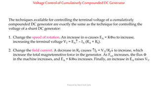 VoltageControlofCumulativelyCompoundedDC Generator
The techniques available for controlling the terminal voltage of a cumulatively
compounded DC generator are exactly the same as the technique for controlling the
voltage of a shunt DC generator:
1. Change the speed of rotation. An increase in  causes EA = K to increase,
increasing the terminal voltage VT = EA – IA (RA + RS).
2. Change the field current. A decrease in RF causes IF = VT/RF to increase, which
increase the total magnetomotive force in the generator. As Ftot increases, the flux 
in the machine increases, and EA = K increases. Finally, an increase in EA raises VT.
Prepared by Jibesh Kanti Saha
 